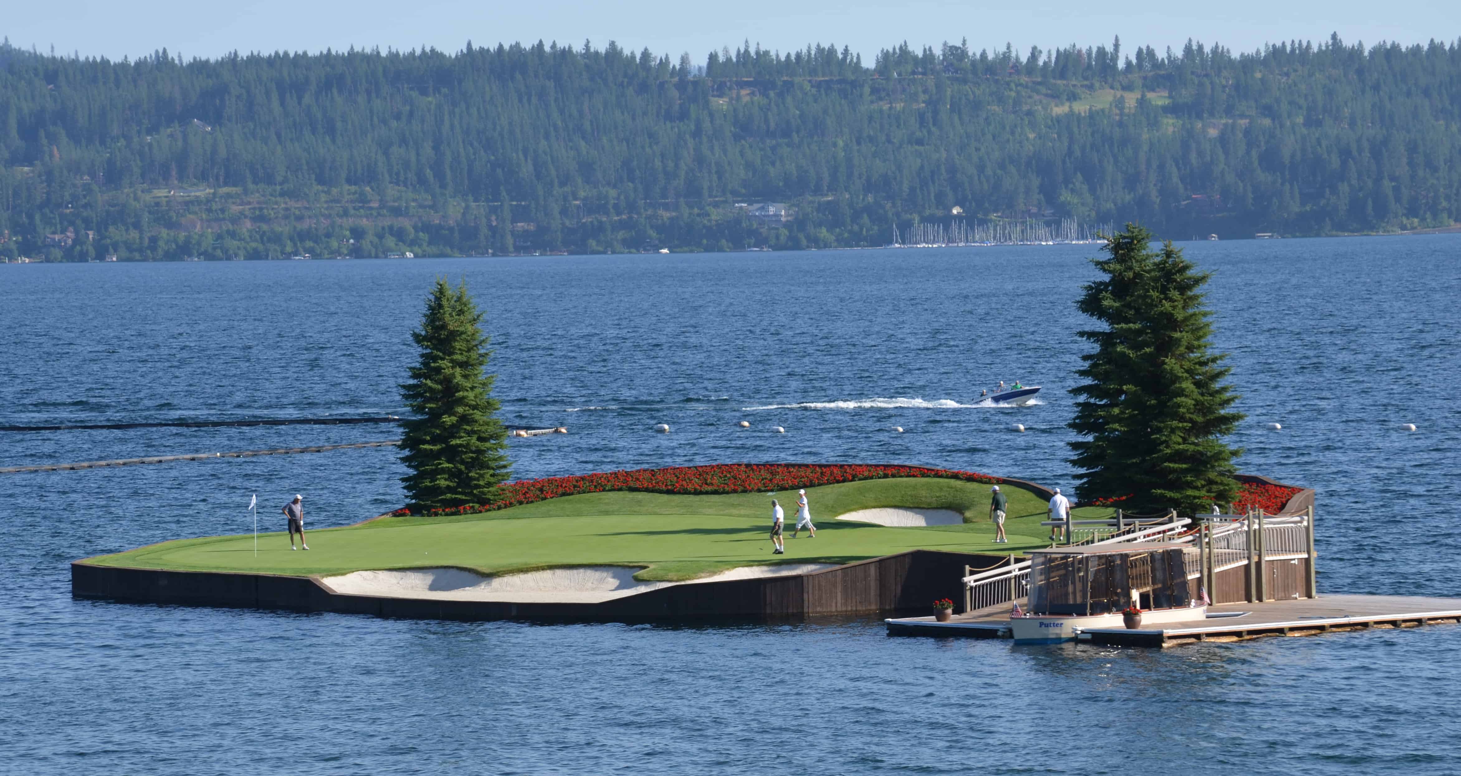 The Floating Green at the Coeur d'Alene Resort, the world's only movable floating golf green, on underwater cables