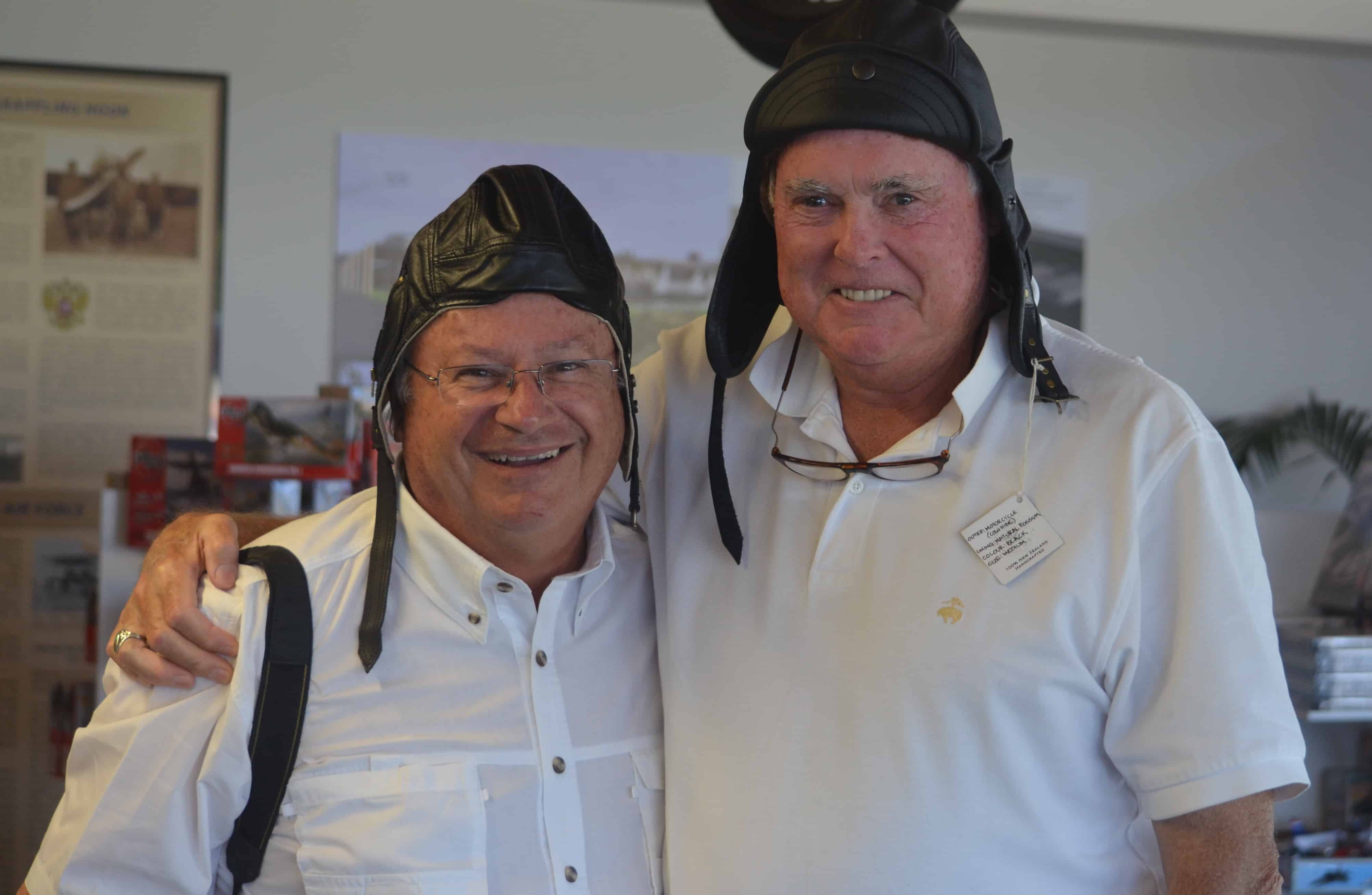 John and Pete suited up in flight hats at the Knights of the Sky exhibition, Omaka Aviation Heritage Centre