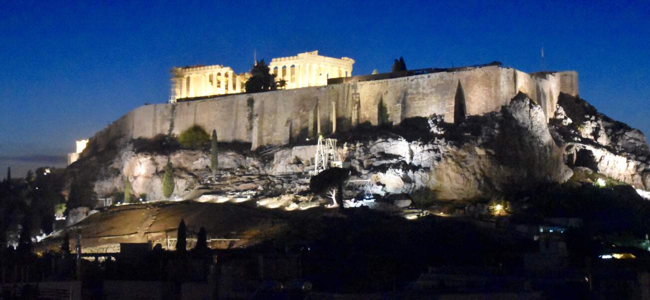 The Acropolis lit up at night