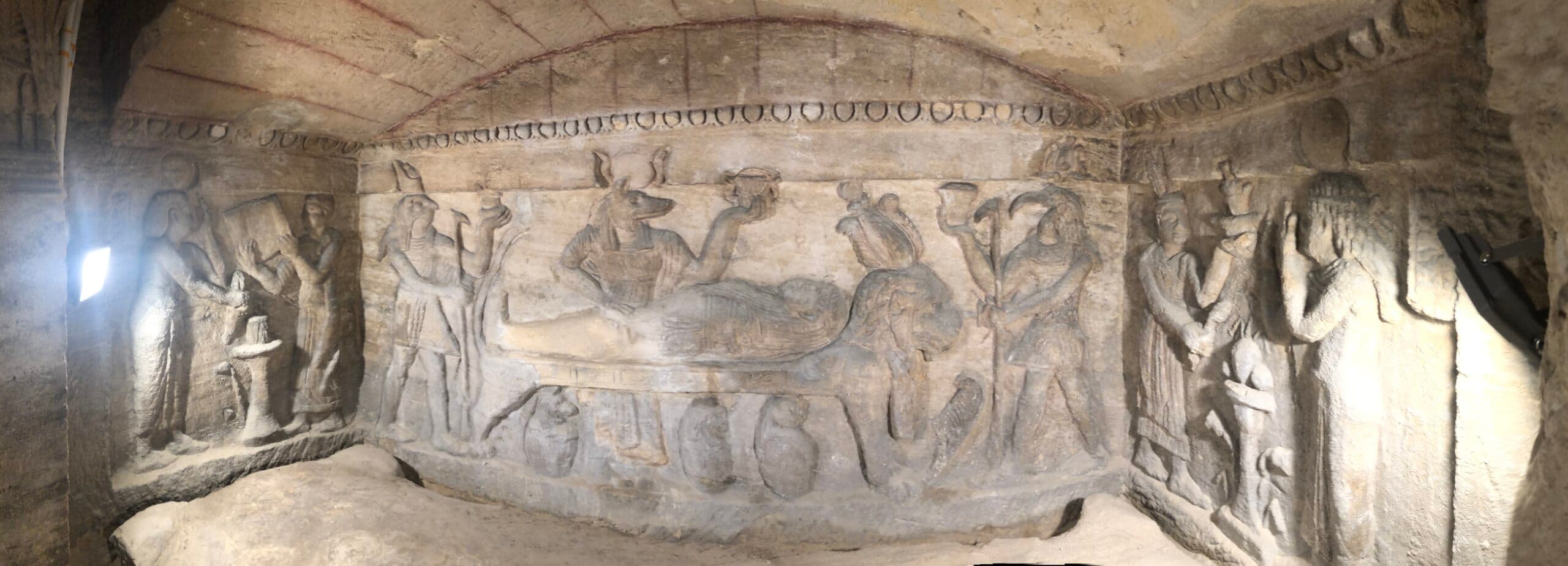 Carved panel over the main tomb in the catacombs of Kom el Shoqafa